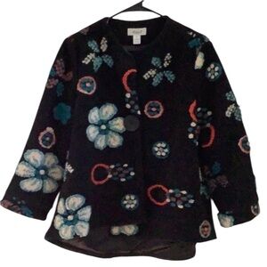 ANES A Vintage Black Boiled-Wool Blend Jacket w Floral Yarn Appliqué M EUC